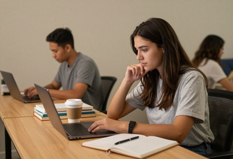 College student working on a laptop in a dorm room with books and coffee