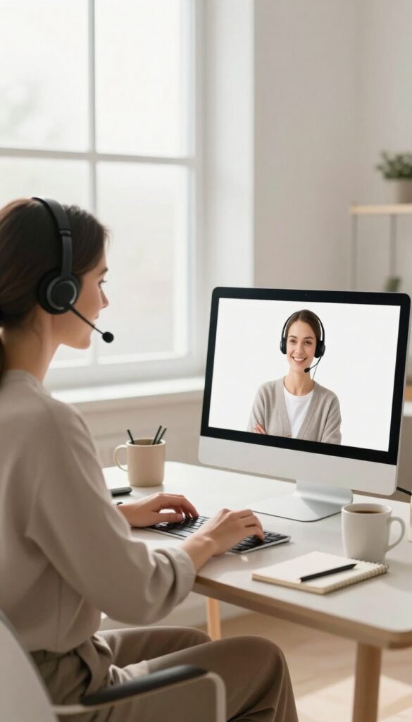 Person working from home as a customer service representative, wearing a headset and smiling at a computer screen in a bright, tidy home office