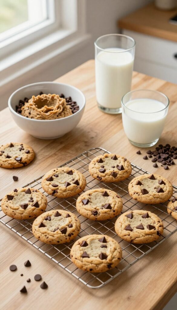 Overhead view of chocolate chip cookies baking on a cooling rack with dough and ingredients on a rustic table