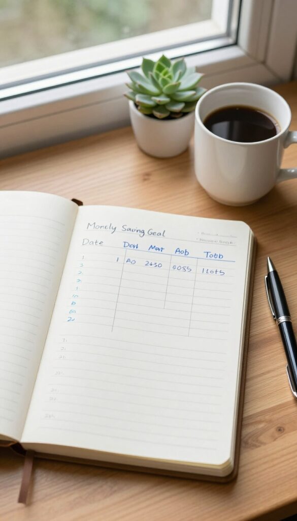 Open notebook with monthly savings tracker on a wooden desk in natural light, coffee and plant nearby