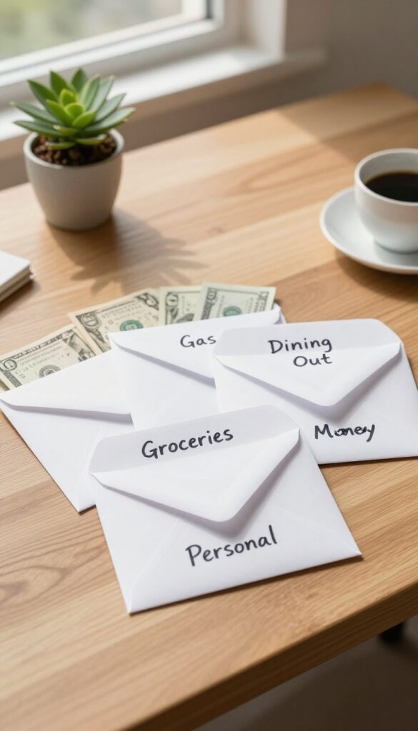 Cash envelopes for budgeting labeled with categories like groceries, gas, and fun money on a wooden table in natural light.