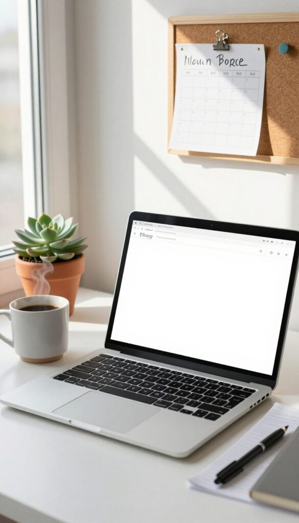 Cozy home office desk with laptop, coffee, succulent, and schedule pinned to corkboard, soft morning light, imperfectly organized.
