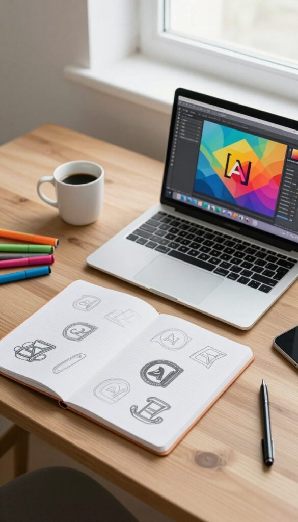 Workspace with sketchbook, MacBook showing logo design, coffee, and markers on wooden desk.