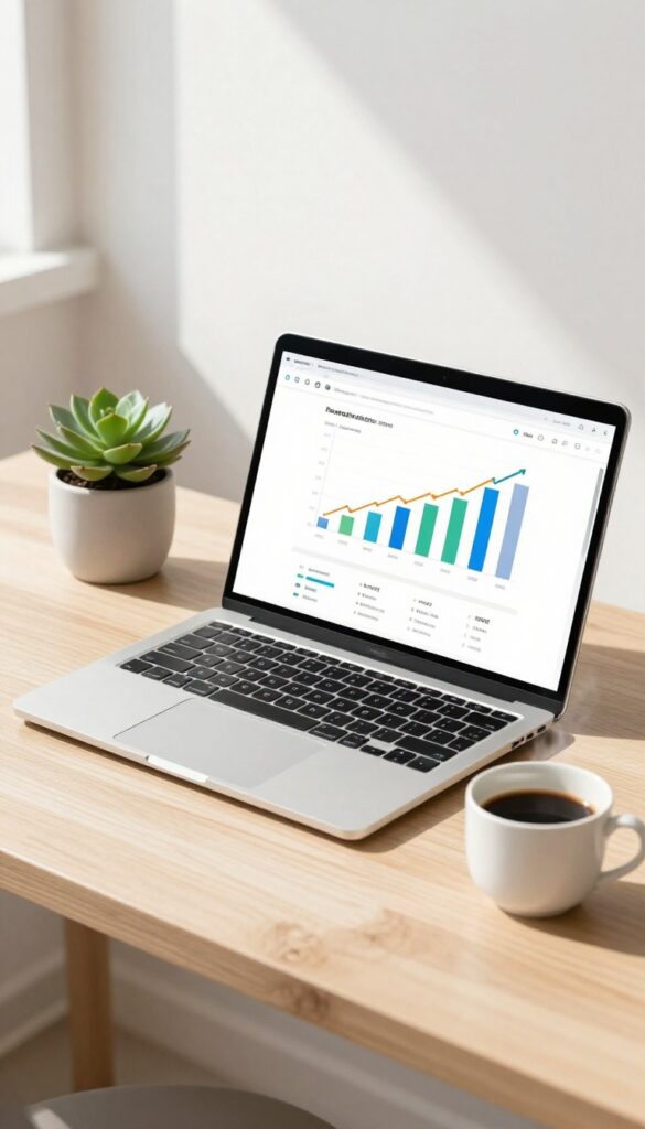Laptop showing website analytics on a desk with coffee and succulent in natural light