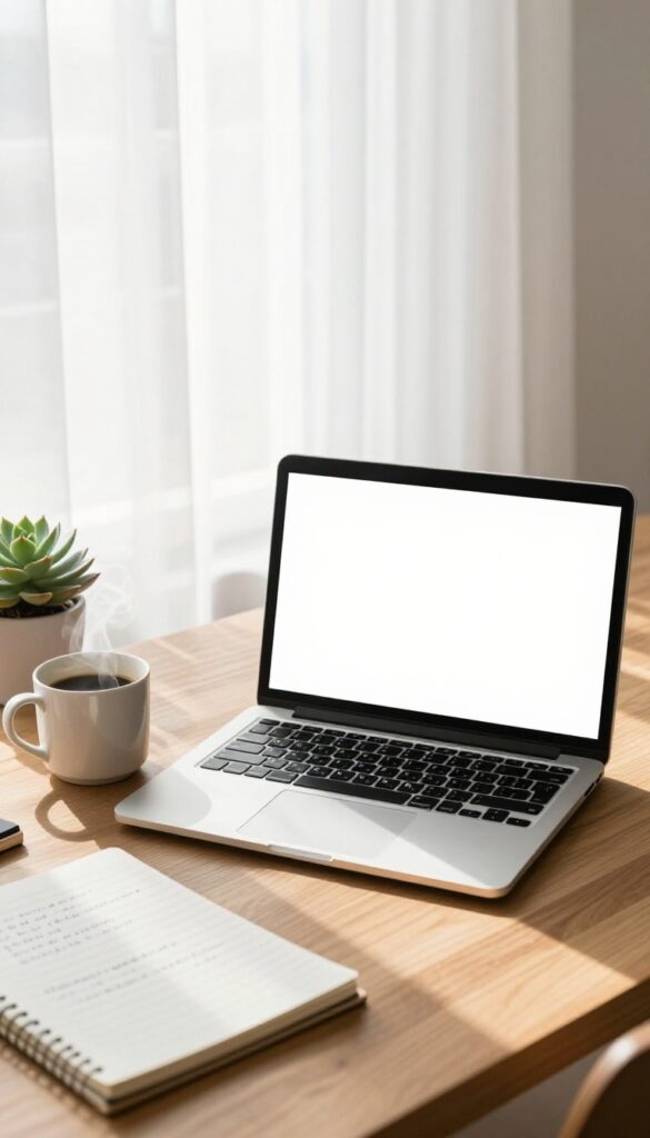 Cozy workspace with laptop and coffee for freelance writing