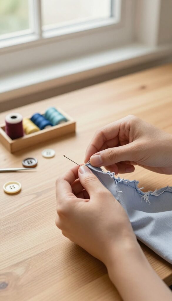 Hands repairing a torn shirt with a sewing kit on a wooden table, bright natural light, DIY repair scene.