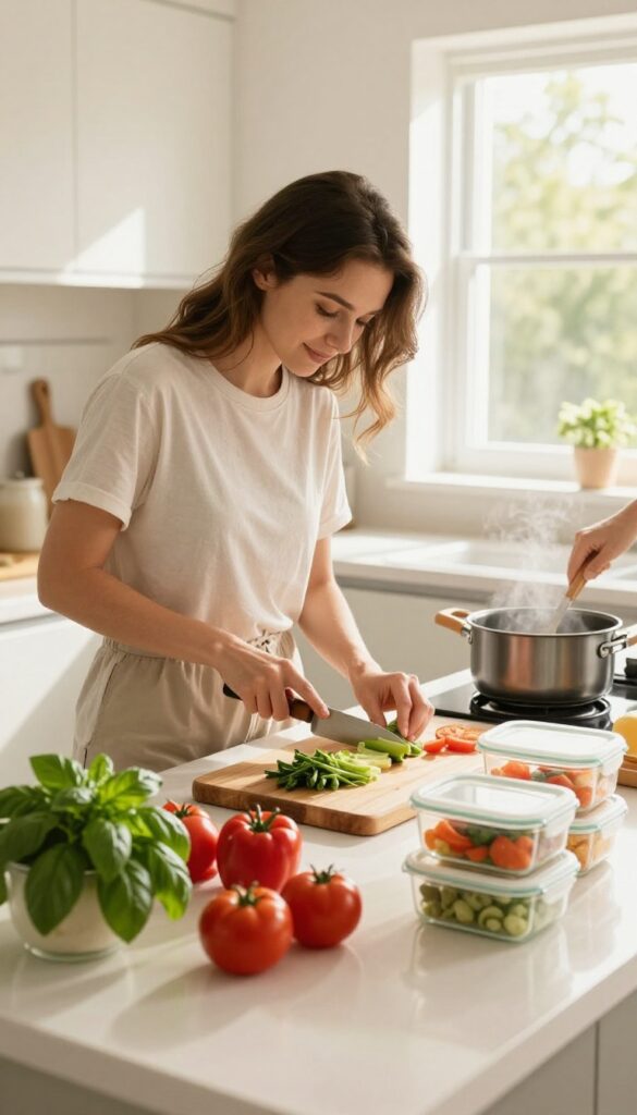 Couple preparing meals in a sunlit kitchen with fresh ingredients and reusable containers