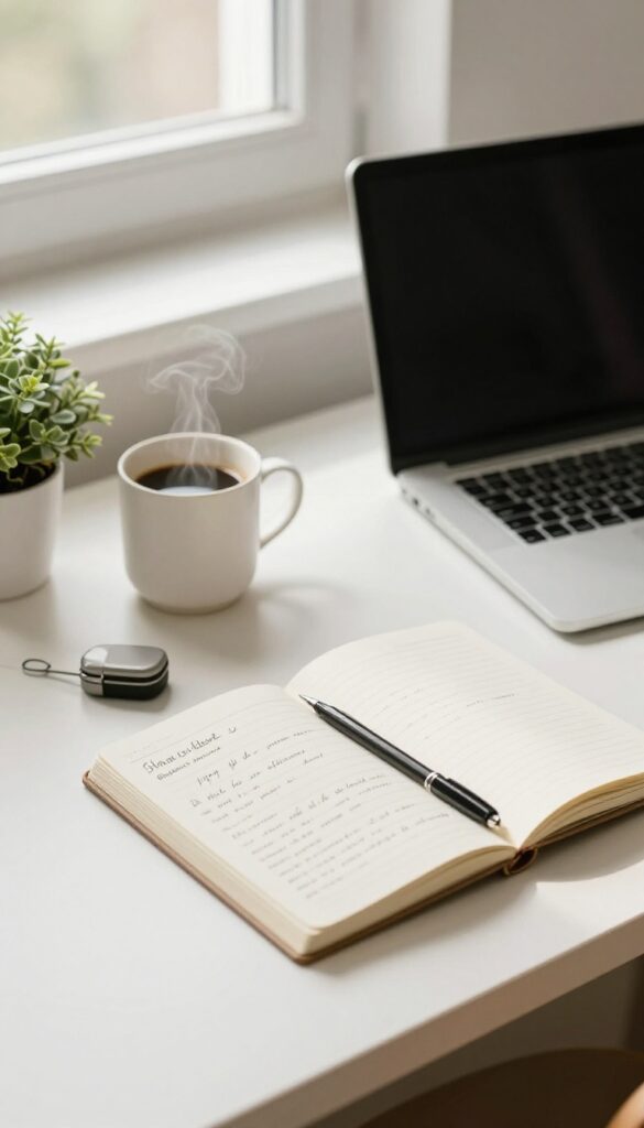 Cozy desk workspace with laptop, coffee, plant, and notebook in natural light.