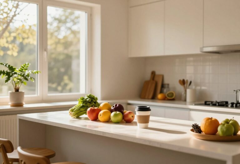 Cozy kitchen with fresh produce, coffee cup, and plant on windowsill