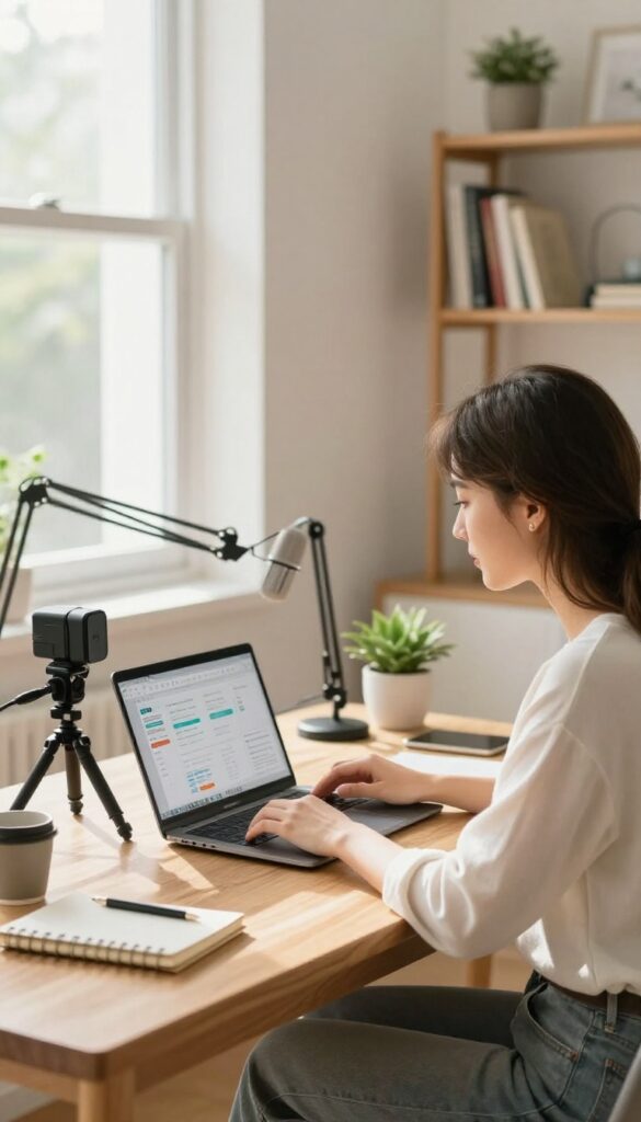 Woman recording an online video course in a bright home office with webcam and microphone