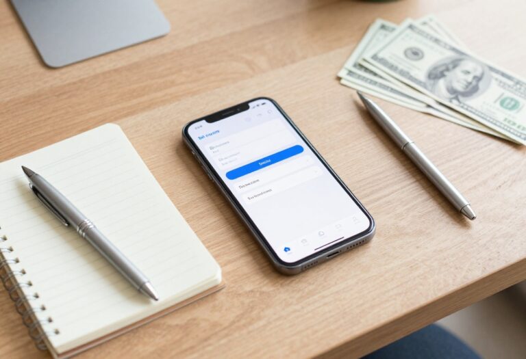 Smartphone showing a bill tracker app beside a notebook, pen, and cash on a wooden desk.