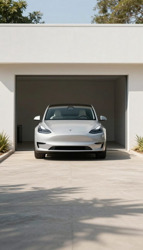 A car parked in a sunny driveway next to a garage, representing renting out a vehicle or parking space for passive income.