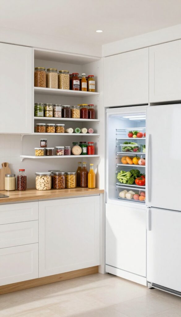 Open pantry, fridge, and freezer showing organized food inventory for meal planning.