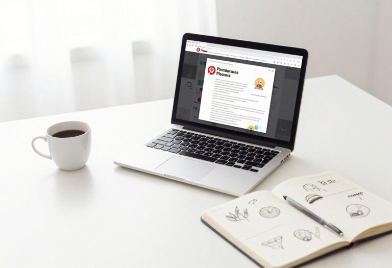 Blogger's workspace with laptop displaying Pinterest pins, coffee cup, and notebook