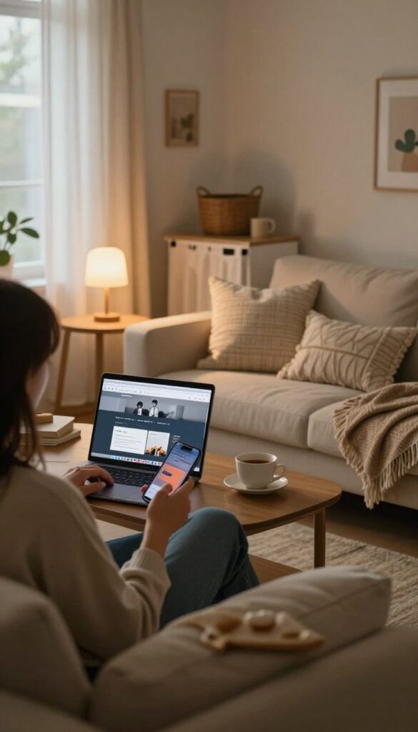 Person taking online surveys on smartphone and laptop in cozy living room