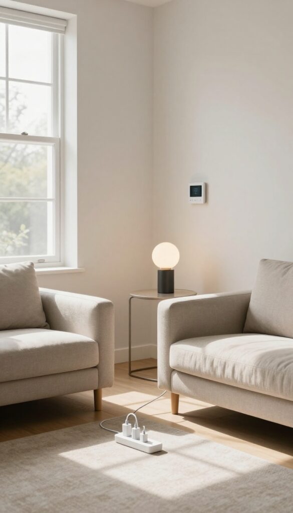 Living room with LED bulb lamp, smart thermostat, and power strip, symbolizing energy saving habits