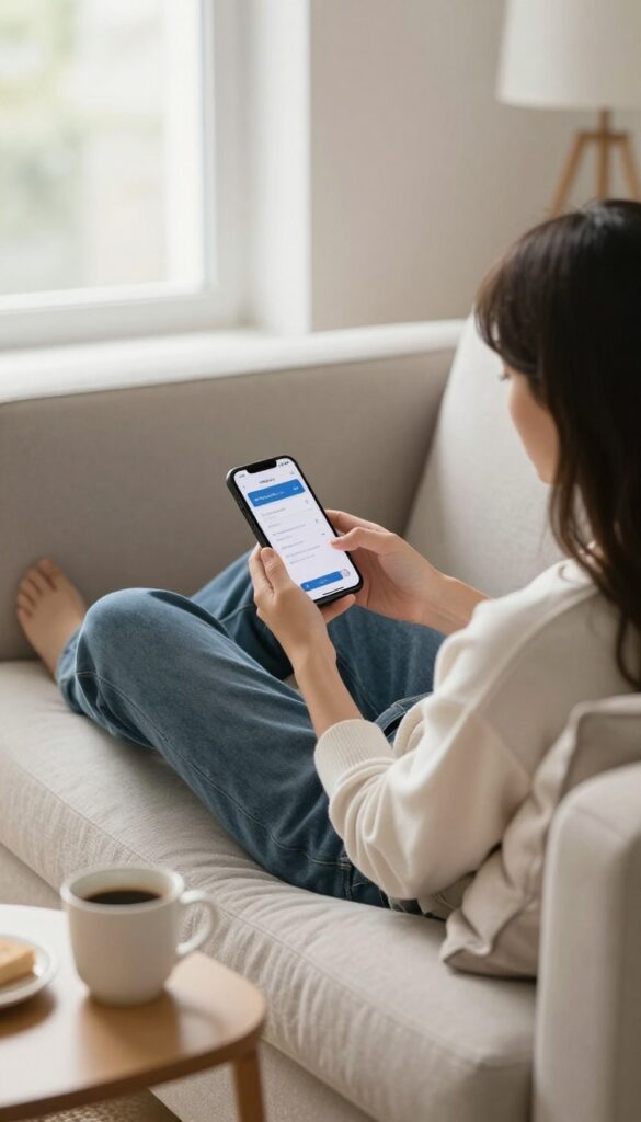 Person taking online surveys on smartphone while relaxing on couch
