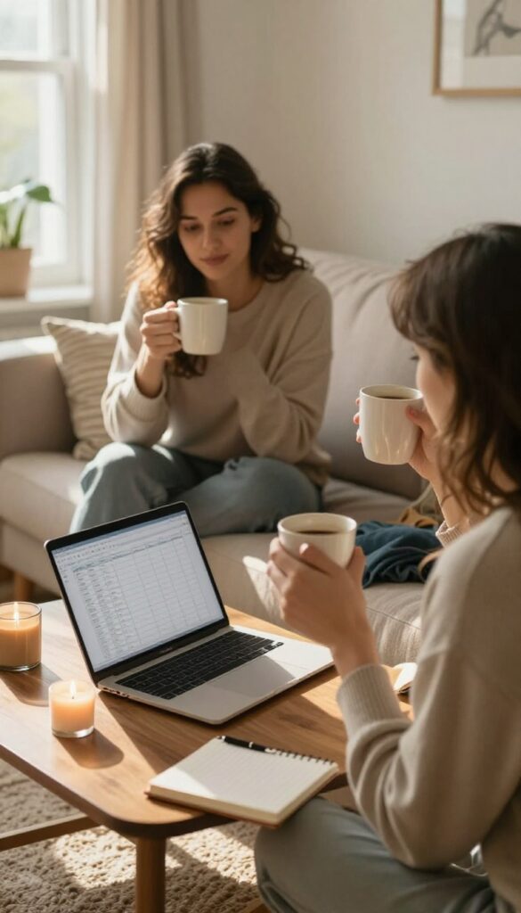 A couple enjoying a relaxed money date at home with coffee, a laptop, and a candle on the coffee table.