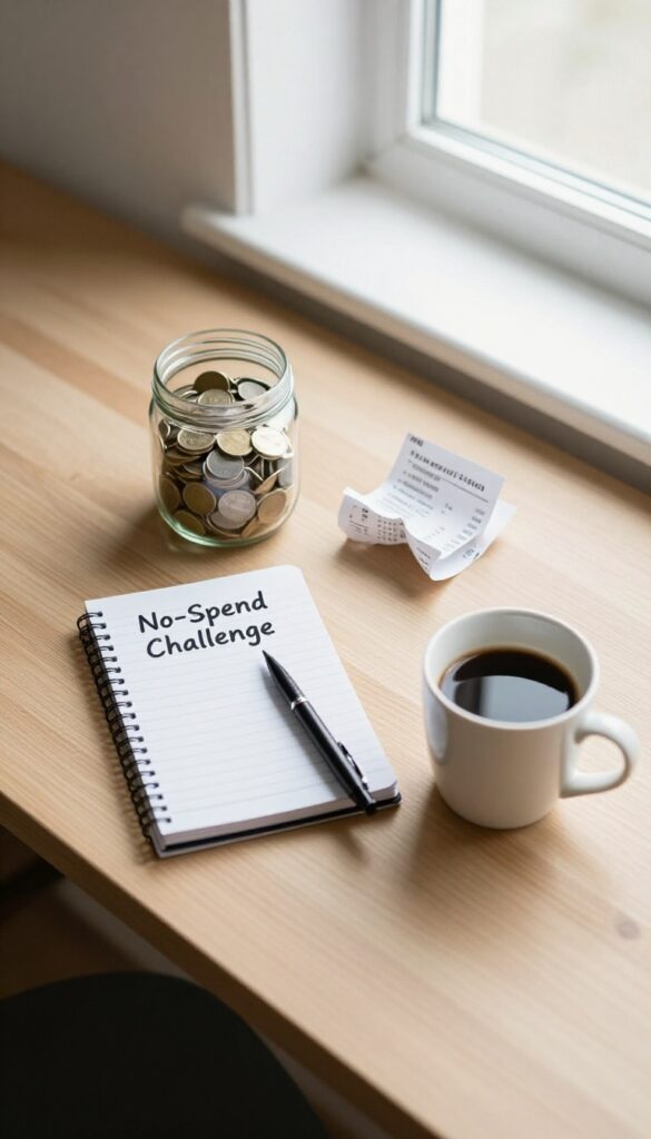 No-spend challenge jar with cash and notebook on a desk