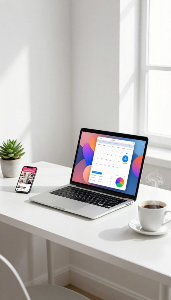 Woman's home office desk with laptop showing social media analytics, smartphone, coffee, and plant.