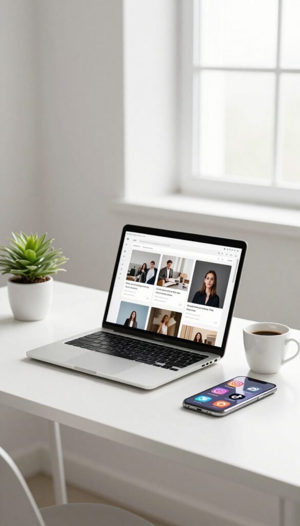 Laptop and smartphone on a desk showing social media management tools, with coffee and plant, bright natural light.