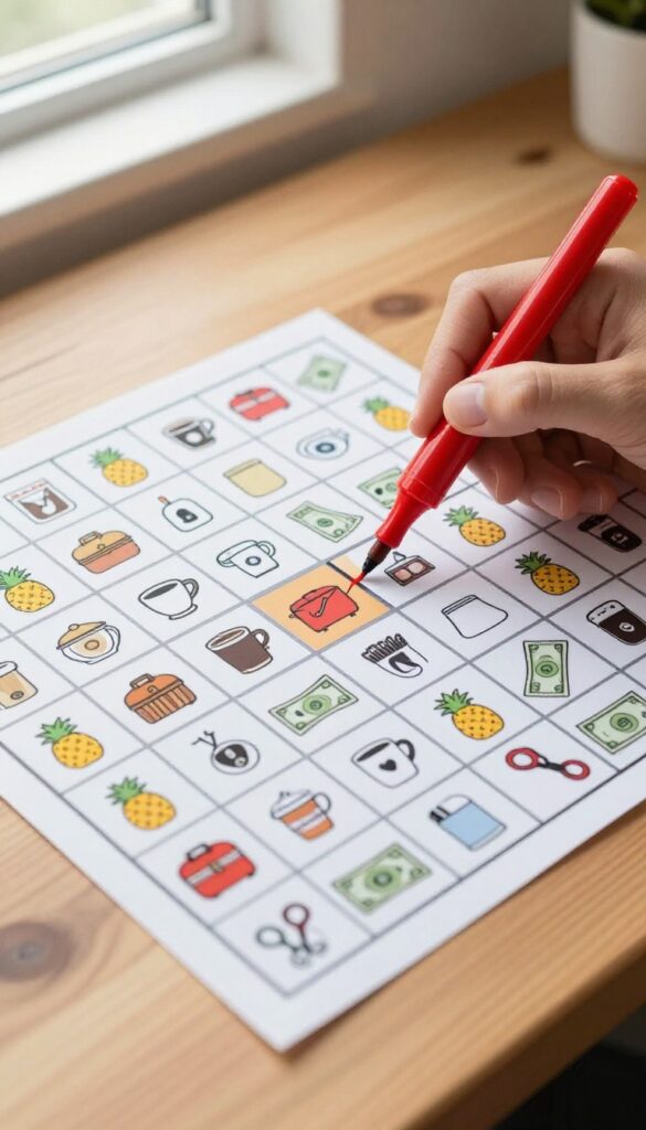 Savings bingo card on a wooden table with a hand marking a square using a red marker