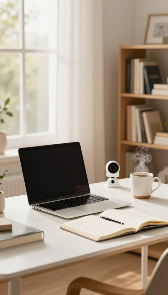 Cozy home office setup for online tutoring with laptop, webcam, and notebook in natural light
