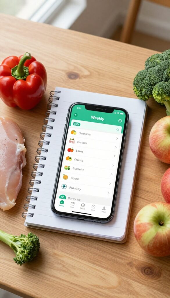 Meal planning with grocery sales on a kitchen table