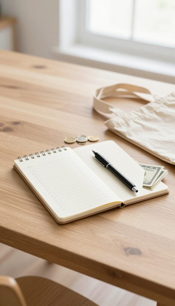 Budget notebook and cash on a kitchen table with a reusable shopping bag