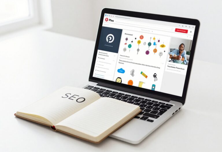 Pinterest SEO tips on a laptop screen with colorful pins and a notebook