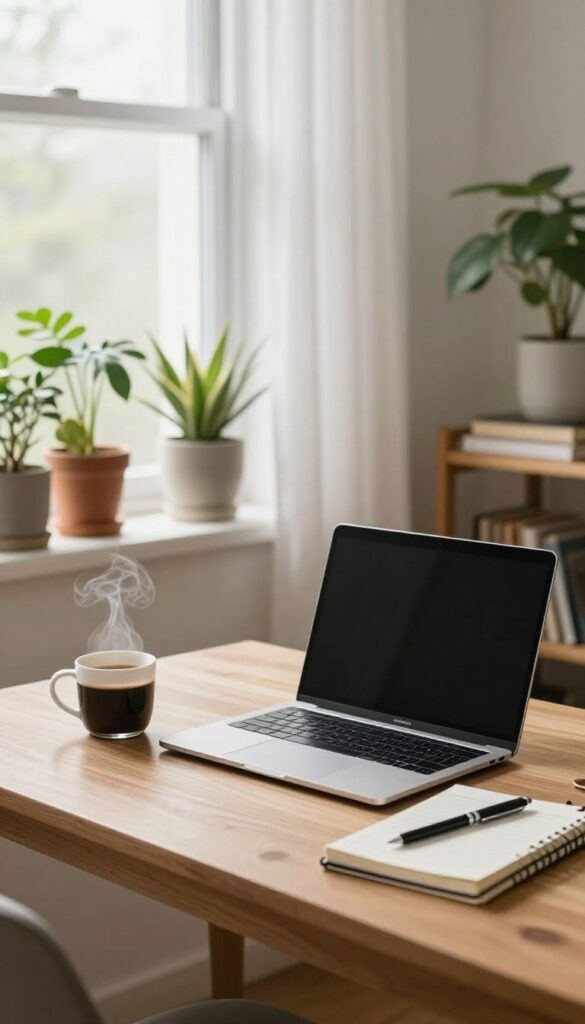 Cozy home office with laptop, coffee, and notebook in natural light