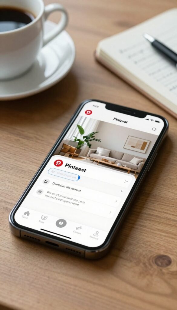 Smartphone showing Pinterest pin description editing with cozy living room pin on screen, coffee cup and notebook nearby, bright natural light.