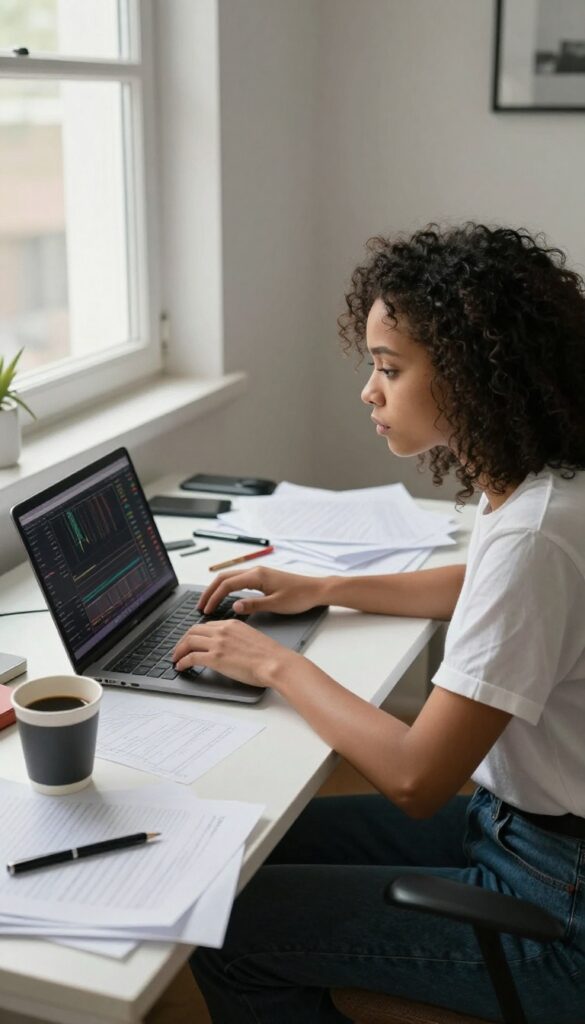 Person looking bored at a cluttered desk with a laptop showing crypto trading, representing a disliked side hustle