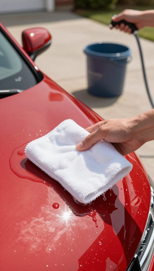 Hand washing a red car with a microfiber mitt on a sunny driveway