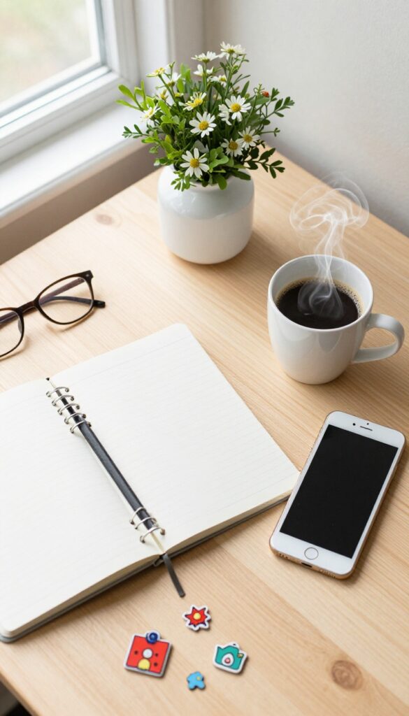 Flat lay of notebook, coffee, phone with Pinterest, flowers, and colorful pins on a wooden desk