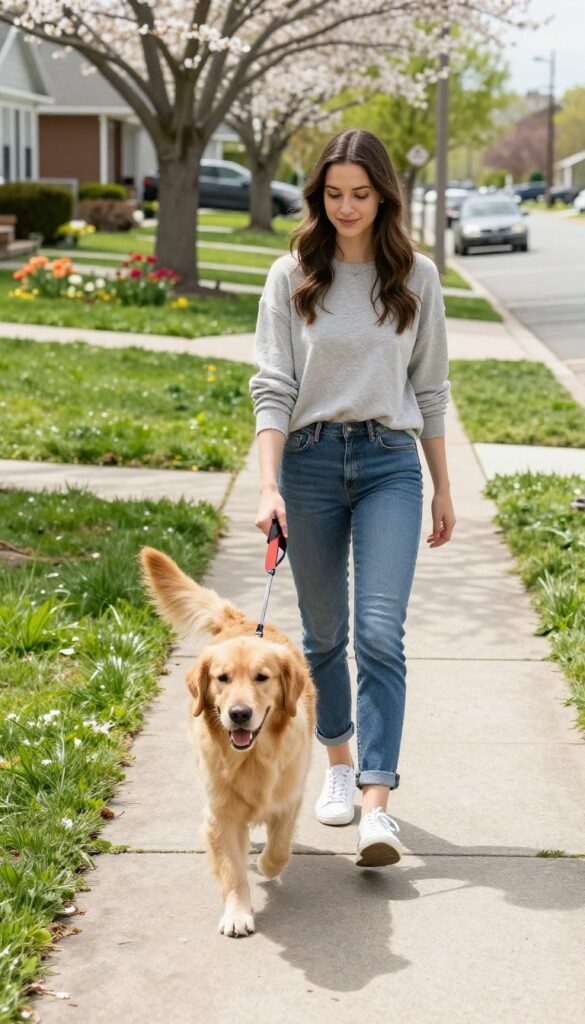 A woman walking a golden retriever on a sunny neighborhood sidewalk