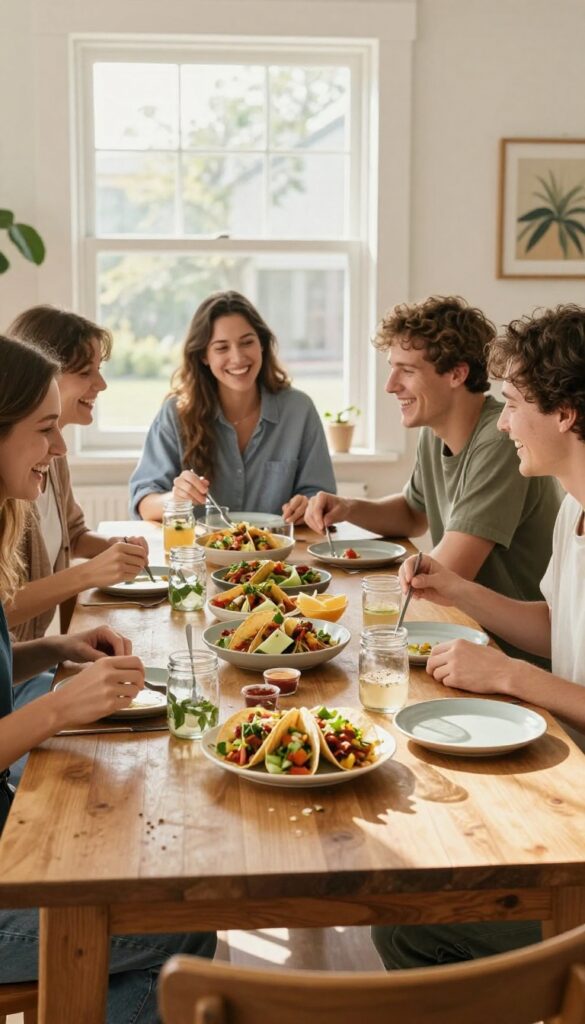 Friends enjoying a potluck dinner at home with a variety of dishes on a table