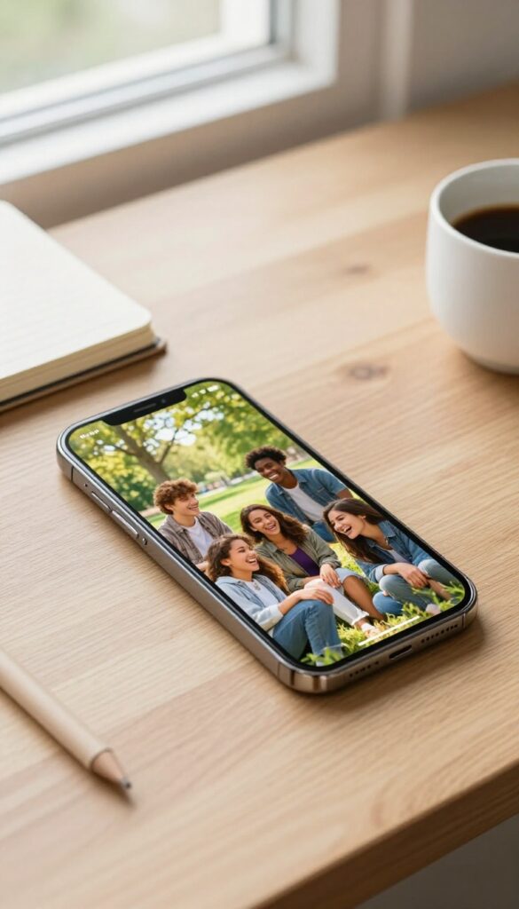 Smartphone on desk with photo editing app and coffee, representing selling photos online