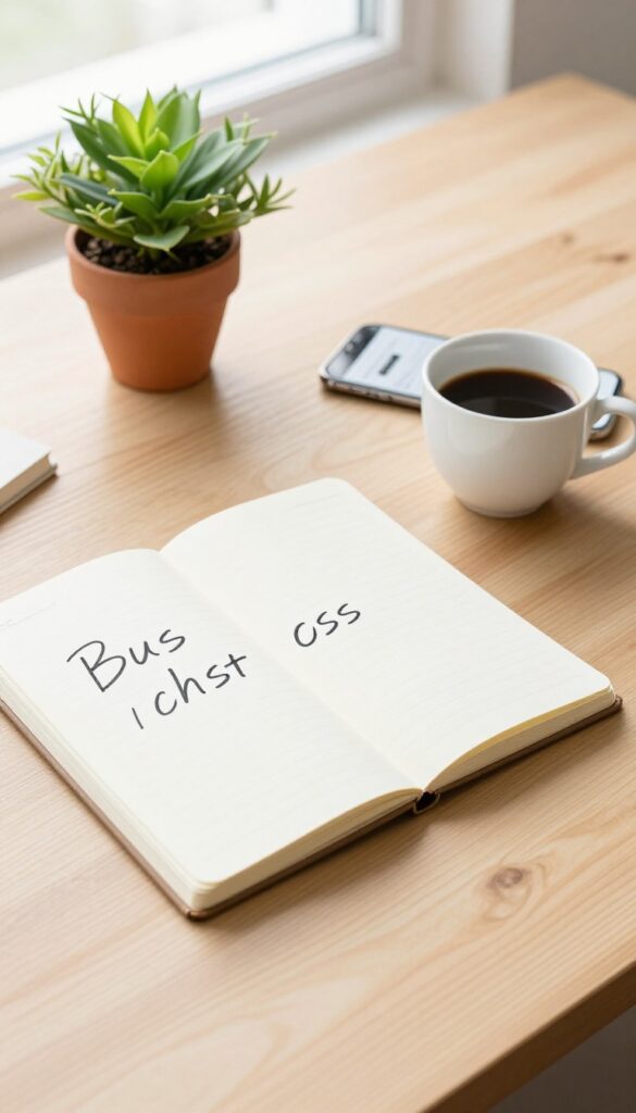 Flat lay of notebook with business name, coffee cup, plant, and smartphone on wooden desk
