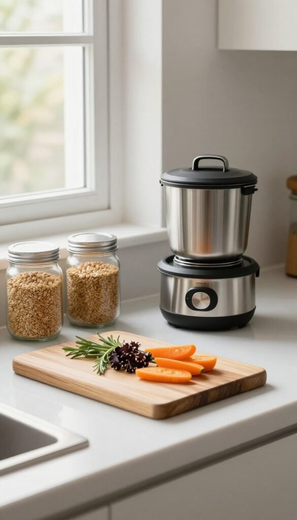 Home cooking ingredients and meal prep on a sunny kitchen counter