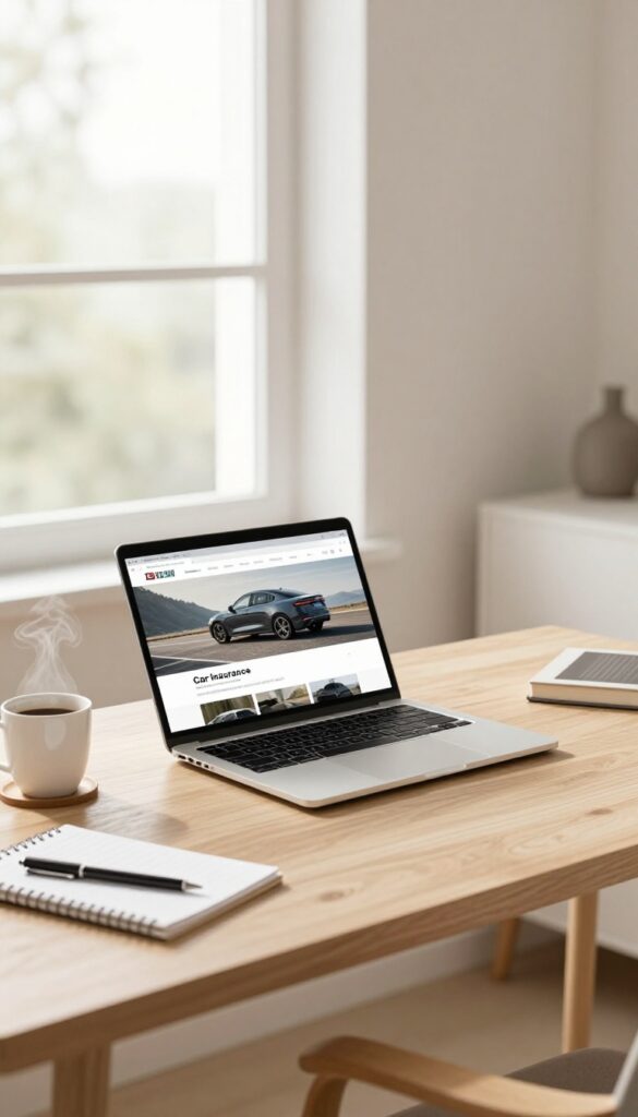 Home office desk with laptop showing car insurance comparison site, coffee, and notepad
