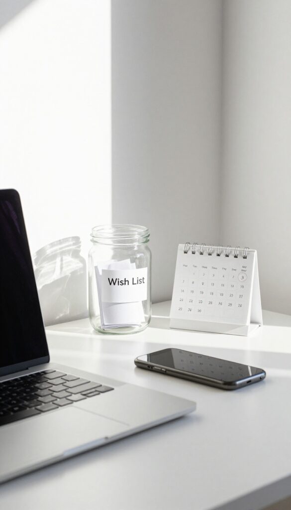 A minimalist desk with a wish list jar, closed laptop, smartphone, and calendar marking 30 days, representing the 30-day rule for major purchases.