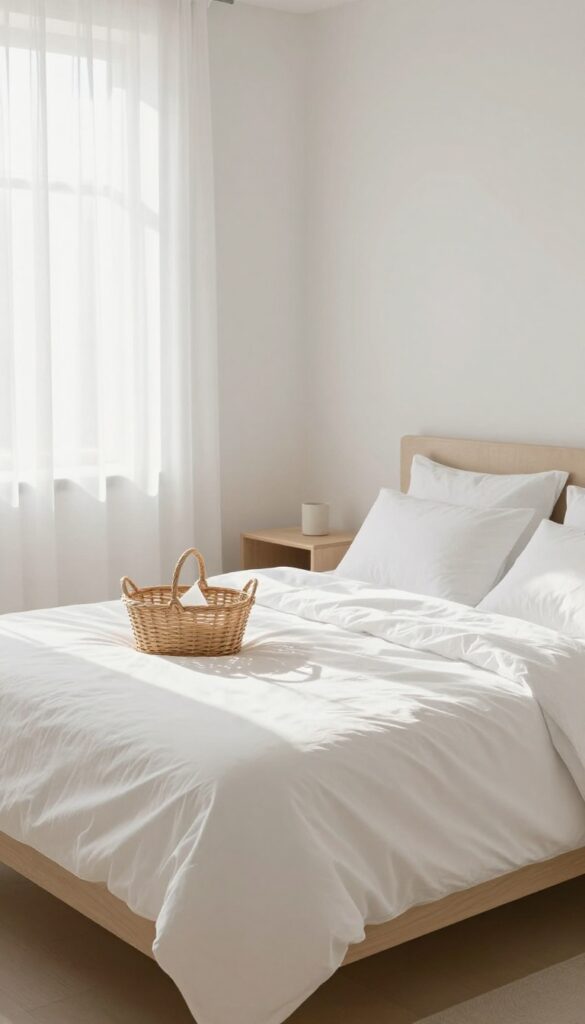 Cozy spare bedroom with bed and welcome basket, ready for Airbnb guests
