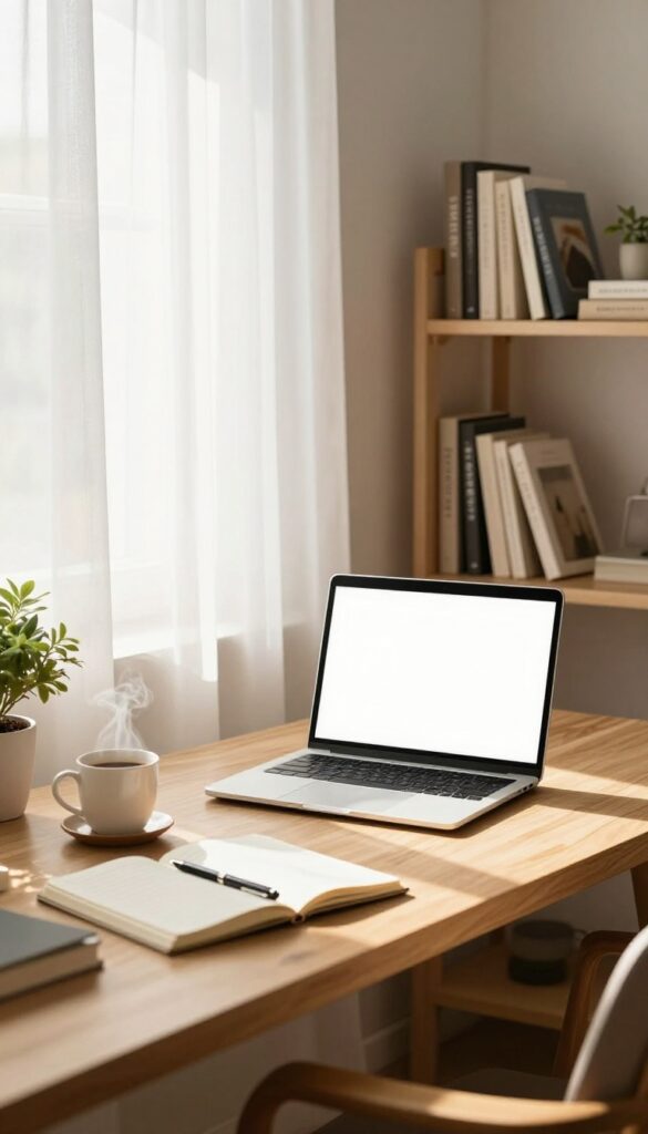 Cozy home office setup for blogging with laptop, coffee, and notebook