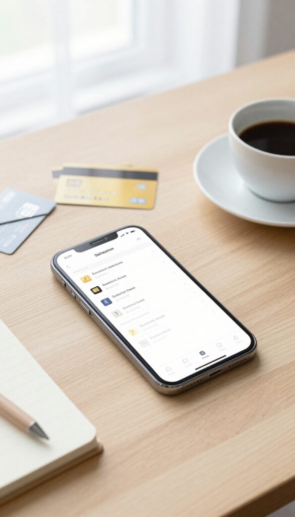 Flat lay of smartphone with subscription list, credit cards, notebook, and coffee on wooden desk