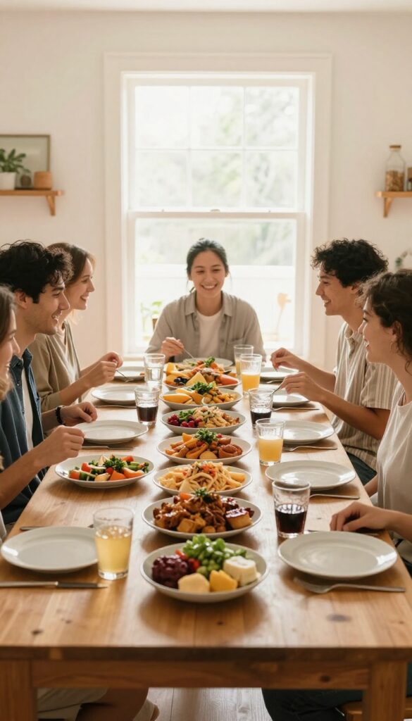 Friends enjoying a potluck meal at a kitchen table with homemade dishes