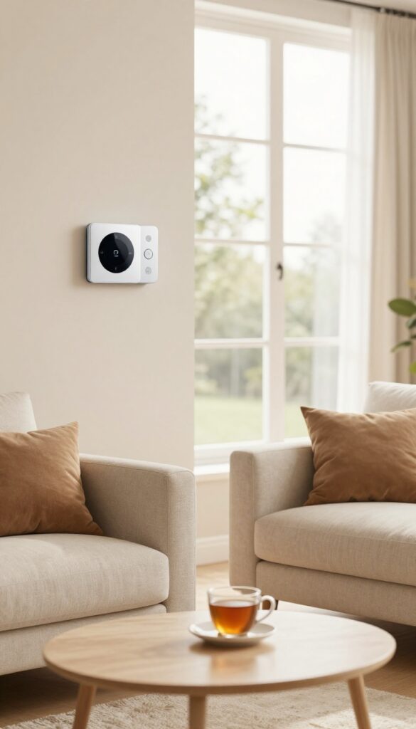 Smart thermostat on wall in cozy living room with natural light