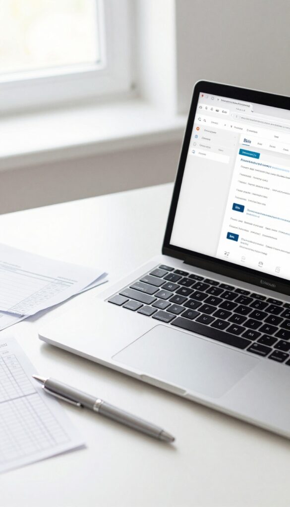 Desk with laptop showing email folder trick for bill organization and paper bill tracker