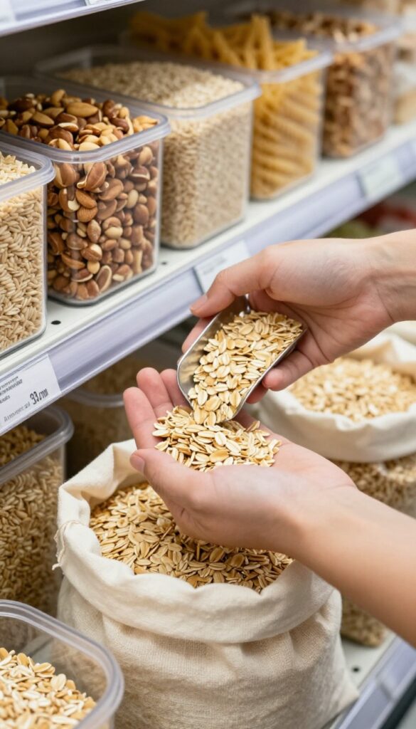 Scooping bulk oats into a reusable bag from a bulk bin section in a grocery store