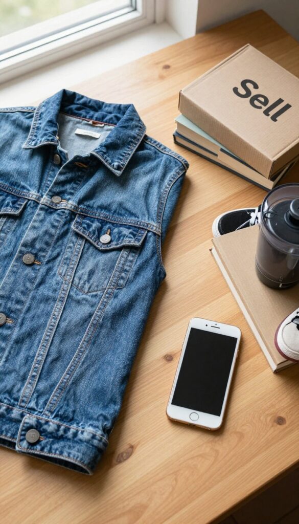 Flat lay of used items for sale including jacket, phone, blender, books, and sneakers on a wooden table with a box labeled Sell